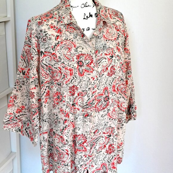 Rebecca Malone 1X Women's Blouse 3/4 Sleeve Button Front Cream w/ Floral Print - Picture 1 of 7